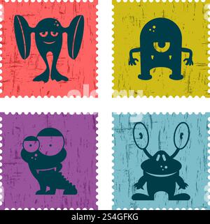 Set Retro-Briefmarken mit lustigen Monstern. Zeichentrickdarstellung. Vektor-Set-Karte. Set Retro-Briefmarken mit lustigen Monstern. Zeichentrickdarstellung Stock Vektor