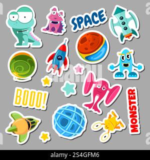 Set mit Aufklebern mit Weltraumobjekten und Monstern. Cartoon Vektor Illustration für Kinder. Aufklebermonster und Raumschiff. Set mit Aufklebern mit Weltraumobjekten und Monstern. Cartoon Vektor Illustration für Kinder Stock Vektor