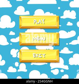Vektor-Cartoon-Stil-Knöpfe mit Text für Spiel-Design auf Wolken im Himmel Hintergrund Illustration. Vektor-Cartoon-Stil Knöpfe Wolken im Himmel Hintergrund Stock Vektor