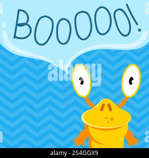 Vektor süßes Comic schreiendes Monster mit Sprechblase auf Zickzack-Hintergrund. Zeichentrickmonster-Sprechblase mit Wort-Buh-Illustration. Vektor süßes Comic schreiendes Monster mit Sprechblase auf Zickzack-Hintergrund Stock Vektor