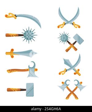 Vektorsatz des Zeichentrickspieldesigns gekreuzte Schwerter, Äxte Waffe isoliert auf weißem Hintergrund Illustration. Vektorsatz des Zeichentrickspieldesigns gekreuzte Schwerter, Äxte Waffe Stock Vektor