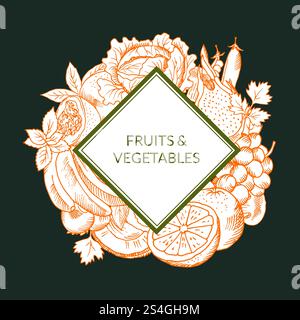 Vektor Doodle skizzierte Obst und Gemüse vegan, gesunde Lebensmittel Emblem isoliert auf farbigem Hintergrund. Handgezeichnetes Abzeichen. Vektor Doodle skizzierte Obst und Gemüse vegan, gesunde Lebensmittel Emblem isoliert auf farbigem Hintergrund Stock Vektor