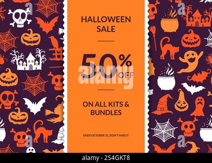 Vektor halloween Hintergrund mit vertikalem dekorativen Band, Hexen, Kürbisse, Geister, Spinnen Silhouetten und Platz für Textabbildung. Vektor halloween Hintergrund mit vertikalem dekorativen Band, Hexen, Kürbisse, Geister, Spinnen Silhouetten Stock Vektor