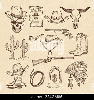 Westliche Symbole. Cowboy, Waffen, Saloon und andere Bilder aus dem Wilden Westen. Handgezeichnete Vektorbilder. Wild West Konzept, Revolver und Schädel, Kaktus und Sack of Money Illustration. Westliche Symbole. Cowboy, Waffen, Saloon und andere Bilder aus dem Wilden Westen. Handgezeichnete Vektorbilder Stock Vektor