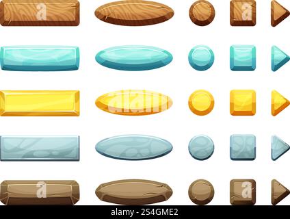 Horizontale, Kreis-, Dreieck- und quadratische Formen von Zeichentrickknöpfen. Illustration für Spiele-Design-Projekte. Tasten Interface-Spiel, Web-gui-Pfeil und Panel-Vektor. Horizontale, Kreis-, Dreieck- und quadratische Formen von Zeichentrickknöpfen. Illustration für Spiele-Design-Projekte Stock Vektor