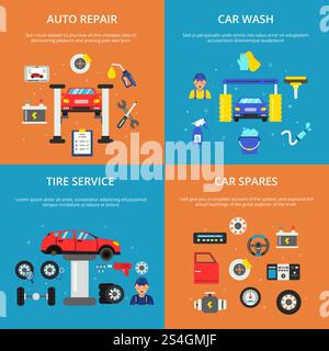 Farbige Banner Set mit Konzeptillustrationen von Autodienstleistungen. Autowaschanlage und Reifenreparatur. Kfz-Wartungsservice, Motorreparatur und -Reinigung. Farbige Banner Set mit Konzeptillustrationen von Autodienstleistungen. Autowaschanlage und Reifenreparatur Stock Vektor