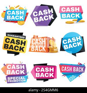 Cash-Back-Vektor-Verkaufs-Banner mit Bändern. Symbole für Sparen und Geldrückerstattungen. Abzeichen und Banner für Cashback-Geld, Illustration der Geschäftsgarantie. Cash-Back-Vektor-Verkaufs-Banner mit Bändern. Symbole für Sparen und Geldrückerstattungen Stock Vektor