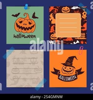 Vektor halloween Notizen Set Vorlage mit Hexen, Kürbisse, Geister, Spinnen Silhouetten Illustration. Vektor halloween Notizen Set Vorlage Stock Vektor