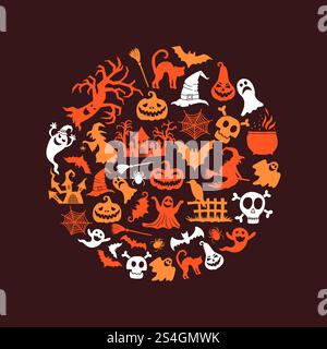 Vektor halloween Hintergrund mit Hexen, Kürbisse, Geister, Spinnen Silhouetten isoliert auf dunkler Hintergrund Illustration. Vektor halloween Hintergrund mit Hexen, Kürbissen, Geistern Stock Vektor
