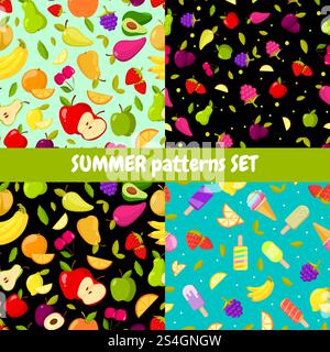 Nahtloses Vektor-Set mit Sommermustern. Farbenfrohe Zeichentrickhintergründe mit Obst und Eis Illustration. Nahtloses Vektor-Set mit Sommermustern. Farbenfrohe Comic-Hintergründe Stock Vektor