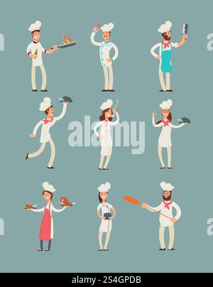 Lächelnde Restaurantköche, professionelle Köche in der Küche Uniform Vektor Zeichentrickfiguren Set. Charakterkoch professionell in Uniform-Illustration. Lächelnde Restaurantköche, professionelle Köche in der Küche Uniform Vektor Zeichentrickfiguren Set Stock Vektor
