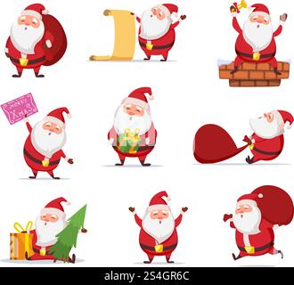 Weihnachtsfiguren des lustigen weihnachtsmanns in dynamischen Posen. Vektor-Maskottchen-Design im Cartoon-Stil. weihnachtsmann, fröhliche Pose Cartoon Illustration. Weihnachtsfiguren des lustigen weihnachtsmanns in dynamischen Posen. Vektor-Maskottchen-Design im Cartoon-Stil Stock Vektor