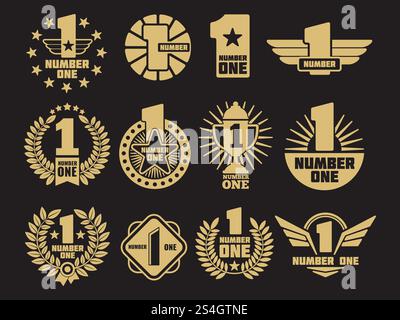 Goldene Nummer-eins-Retro-Logos und -Labels auf Schwarz. Vektorabbildung. Goldene Nummer 1-Retro-Logos und -Labels Stock Vektor