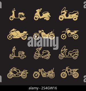 Vintage-Motorrad- und Motorradsymbole auf schwarzem Hintergrund. Vektorabbildung. Vintage-Motorrad- und Motorradsymbole auf schwarzem Hintergrund Stock Vektor