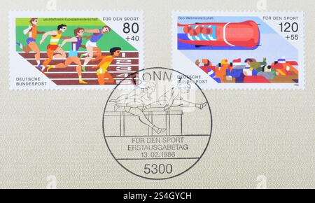 Von Deutschland gedruckte Briefmarken, die die Sporthilfe 1986 fördern, um 1986. Stockfoto