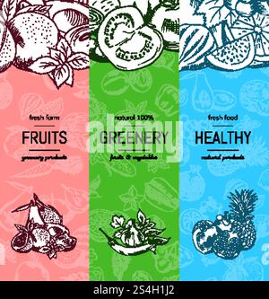 Vektor-veganes, gesundes, Bio-Banner-Set mit Kritzelskizzierten Obst und Gemüse. Banner für Bio-vegetarische Lebensmittel in einer Sketch-Illustration. Vektor-veganes, gesundes, Bio-Banner-Set mit Kritzelskizzierten Obst und Gemüse Stock Vektor