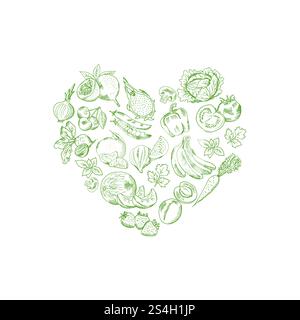 Vektor skizzierte frisches Gemüse und Obst in Form von Herz-Illustration, veganes Banner Poster. Vektor skizzierte frisches Gemüse und Obst in Form von Herzillustration gesetzt Stock Vektor