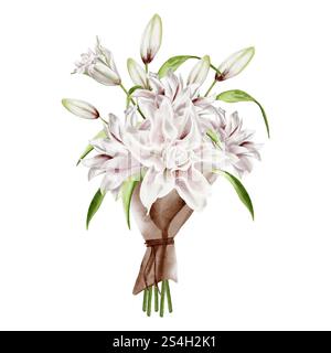 Lilienstrauß. Vintage-Bouquet aus Lilien und Knospen im Retro-Stil. Zarte weiße und rosa Lilien. Bastelpapier für Blumenstrauß. Mit einem Seil gebunden Stockfoto