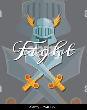 Vector Fantasy Spieldesign im Cartoon-Stil mittelalterliche gekreuzte Schwerter und Helmelemente mit Schriftzügen und Schatten-Illustration. Vektor mittelalterliche gekreuzte Schwerter und Helmelemente Stock Vektor