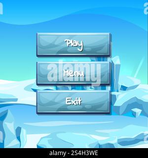 Vektor-Cartoon-Stil wellige Knöpfe mit Text für Spiel-Design auf Eislandschaft Hintergrund Illustration. Vektor-Cartoon-Stil Knöpfe Eis Stock Vektor