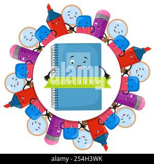 Schule Schreibwaren Runde Banner Design - Vektor Zeichentrick Bleistiftmarker Notizbuchillustration. Schulpapierwaren mit rundem Bannerdesign Stock Vektor