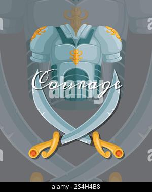 Vector Fantasy Spieldesign im Cartoon-Stil mittelalterliche Kreuzsäbel und Brustpanzer mit Schriftzügen und Schatten-Illustration. Vektor mittelalterliche Kreuzsäbel und Brustpanzer Stock Vektor