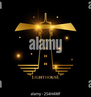 Goldenes, glänzendes nautisches Leuchtturmlogo und Etikett auf Schwarz. Vektorabbildung. Logo des nautischen Leuchtturms Stock Vektor