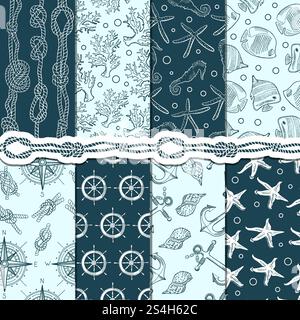 Verschiedene nahtlose Muster Set aus Marine und nautische Elemente. Vektorstreifen, Anker und Seile. Meer- und Meeresmuster Hintergrund, Anker und Seil Illustration. Verschiedene nahtlose Muster Set aus Marine und nautische Elemente. Vektorstreifen, Anker und Seile Stock Vektor