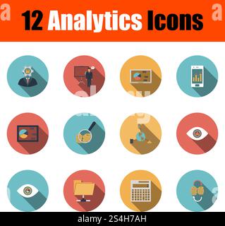 Analytics Icon Set. Flache Bauform mit langen Schatten. Vector Illustration. Stock Vektor