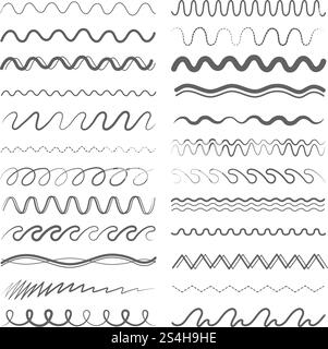 Zickzack- oder Wellenlinien in verschiedenen Stilen und Variationen. Vektor Handzeichnung Linie Pinsel Welle und Zickzack Illustration. Zickzack- oder Wellenlinien in verschiedenen Stilen und Variationen. Vektorhandzeichnung Bilder Stock Vektor