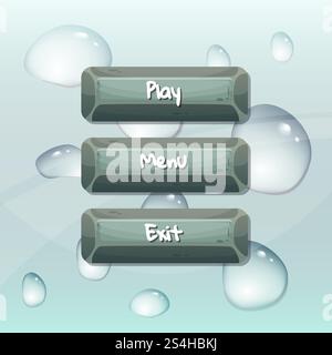 Vektor Cartoon Stil Steinknöpfe mit Text für Spiel Design auf Wassertropfen Hintergrund Illustration. Steinknöpfe im Vektor-Cartoon-Stil Stock Vektor