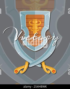 Vektor-Illustration Cartoon-Stil Spiel-Design überkreuzte Säbel und Schildelemente mit Buchstaben und Schatten auf grauem Hintergrund isoliert. Vektordesign im Cartoon-Stil überkreuzte Säbel und Schildelemente Stock Vektor