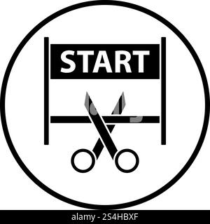 Schere schneiden Band zwischen Start Tor Symbol. Dünne Kreis Stencil Design. Vector Illustration. Stock Vektor