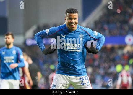 Glasgow, Schottland, Großbritannien. Glasgow, Großbritannien. Januar 2025. Die Rangers spielten St. Johnstone in der schottischen Premiership im Ibrox Stadium in Glasgow, Schottland. Das Finale war die Rangers 3:1 St. Johnstone. Die Tore wurden von H. Igamane (16')Tor 16 Minuten V. Černý (20')Tor 20 Minuten M. Diomande (25') für die Rangers und J. Sanders (54) für St. Johnstone erzielt. Quelle: Findlay/Alamy Live News Stockfoto