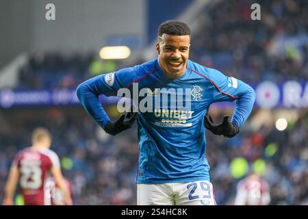 Glasgow, Schottland, Großbritannien. Glasgow, Großbritannien. Januar 2025. Die Rangers spielten St. Johnstone in der schottischen Premiership im Ibrox Stadium in Glasgow, Schottland. Das Finale war die Rangers 3:1 St. Johnstone. Die Tore wurden von H. Igamane (16')Tor 16 Minuten V. Černý (20')Tor 20 Minuten M. Diomande (25') für die Rangers und J. Sanders (54) für St. Johnstone erzielt. Quelle: Findlay/Alamy Live News Stockfoto