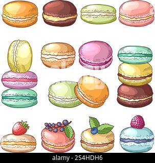 Farbige Abbildungen köstlicher Makronen. Französisches Gebäck und süßes köstliches Dessertvektor. Farbige Abbildungen köstlicher Makronen Stock Vektor