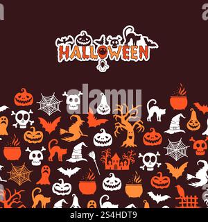 Vektor halloween Hintergrund mit Hexen, Kürbisse, Geister, Spinnen Silhouetten mit Platz für Textabbildung. Vektor halloween Hintergrund mit Hexen, Kürbissen, Geistern, Spinnen Silhouetten Stock Vektor