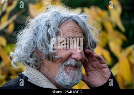 Ein fröhlicher älterer Mann mit lockigen, grauen Haaren und einem Bart, der sanft vor dem Hintergrund gelber Herbstblätter lächelt. Stockfoto