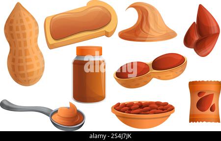 Erdnuss-Symbolsatz. Zeichentricksatz von Erdnuss-Vektor-Symbolen für Web-Design. Erdnuss-Symbol-Set, Cartoon-Stil Stock Vektor