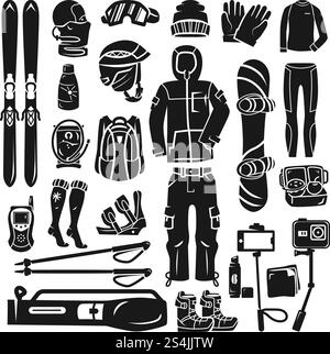Symbolsatz für Snowboardausrüstung. Einfacher Satz von Snowboardausrüstung Vektorsymbolen für Webdesign auf weißem Hintergrund. Snowboardausrüstung Icon Set, einfacher Stil Stock Vektor