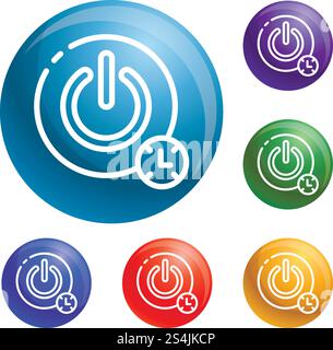 Timer-Schaltflächensymbole ausschalten: Vektor 6-Farbe auf weißem Hintergrund isolieren. Timer-Schaltflächensymbole ausschalten Vektor einstellen Stock Vektor