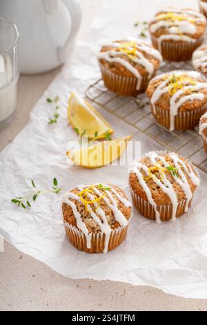 Frisch gebackene Zitronenzucchini-Muffins mit Zuckerguss und Schale auf einem Kühlregal Stockfoto