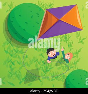 Kinder mit Drachen-in-Luft-Konzept Hintergrund. Zeichentrickillustration von Kindern mit Drachen im Luft-Vektor-Konzept-Hintergrund für Web-Design. Kinder mit Drachen im Air Concept Hintergrund, Zeichentrickstil Stock Vektor