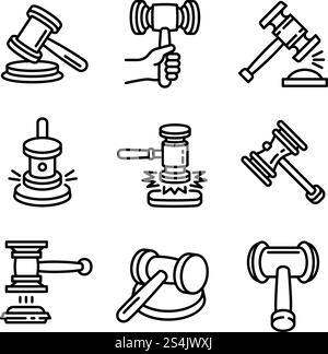 Symbolsatz für Richter-Hammer. Umrisssatz von Richterhammer-Vektorsymbolen für Webdesign isoliert auf weißem Hintergrund. Judge Hammer Icon Set, Outline Style Stock Vektor