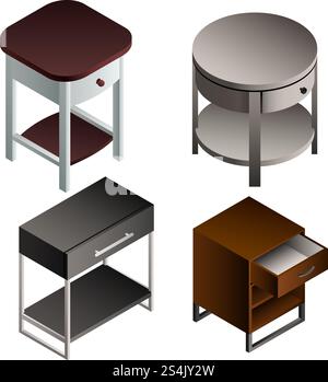 Symbolsatz für Nachttisch. Isometrischer Satz von Vektorsymbolen am Betttisch für Webdesign isoliert auf weißem Hintergrund. Symbolsatz am Betttisch, isometrischer Stil Stock Vektor
