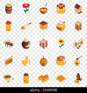 Honigsymbole. Isometrischer Satz von Honigvektorsymbolen für Webdesign. Honigsymbol Set, isometrischer Stil Stock Vektor