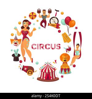 Fantastische Show auf dem berühmten großen Zirkus-Promo-Poster. Traditionelles großes gestreiftes Zelt, Ausrüstung für komplizierte Tricks, männliche und weibliche Darsteller in szenischen Kostümen Vektorillustrationen in Herzform. Fantastische Show auf dem berühmten großen Zirkus-Promo-Poster. Stock Vektor