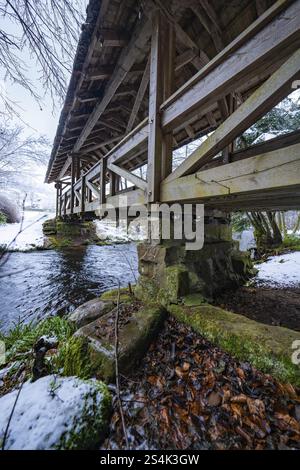 Holzbrücke über den Fluss im Wald, umgeben von Schnee und Steinen, Kaelberbrücke, Enzkloesterle, Stadtteil Calw, Schwarzwald, Deutschland, Europa Stockfoto