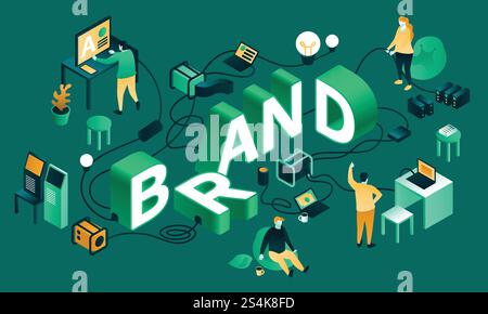 Grüner Markenbanner. Isometrische Illustration des grünen Markenvektorbanner für Webdesign. Grüner Markenbanner, isometrischer Stil Stock Vektor