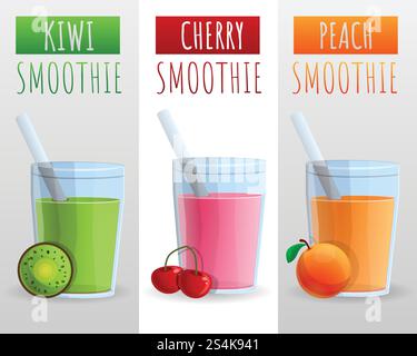 Kiwi, Kirsche, PfirsichSmoothie-Konzept Hintergrund. Karikaturillustration von Kiwi, Kirsche, PfirsichSmoothie Vektor-Konzept Hintergrund für Web-Design. Kiwi, Kirsche, PfirsichSmoothie-Konzept Hintergrund, Cartoon-Stil Stock Vektor
